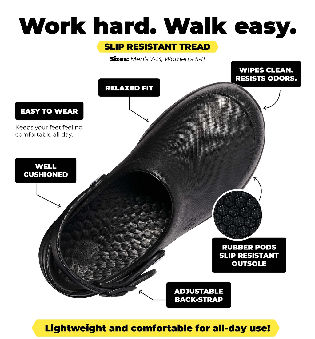 Black slip-resistant work shoe with features highlighted on a white background