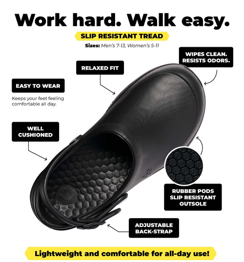 Black slip-resistant work shoe with features highlighted on a white background